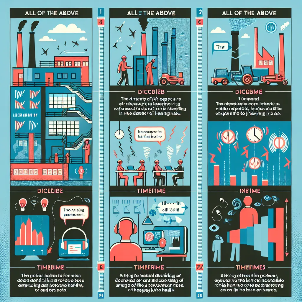 Infographic illustrating the need for hearing protection in the workplace, featuring three sections: a loud environment, duration of exposure, and movement between varying noise levels, emphasizing "All of the above."