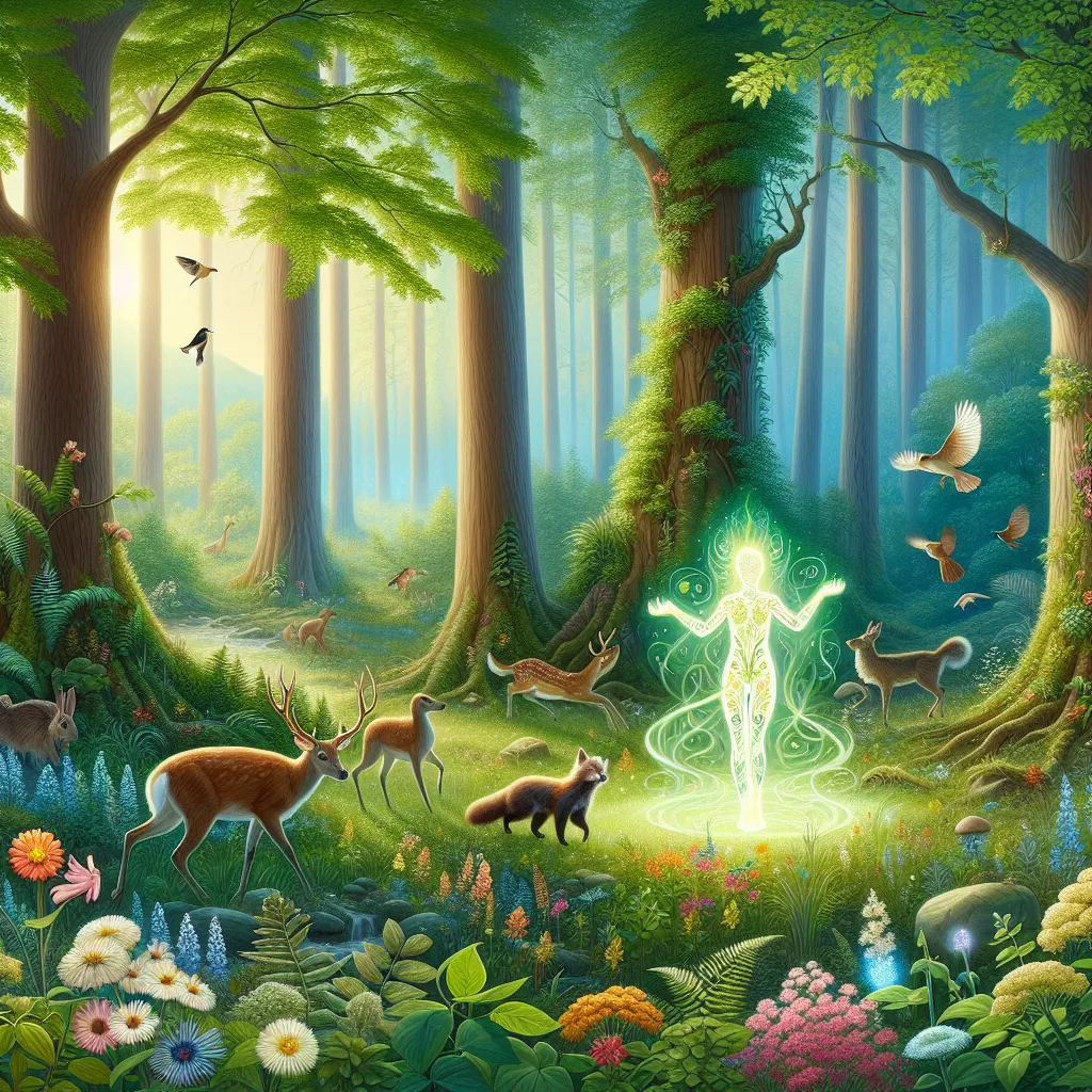 Image of a serene forest scene showcasing various plants and animals, with a glowing, animated representation of "Natu" as a playful spirit embodying nature's harmony and balance.