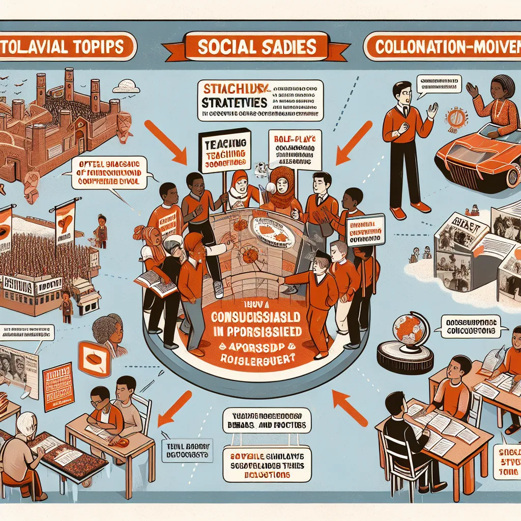 Creating a visual to accompany a discussion on teaching controversial issues in Social Studies history can enhance understanding. 

**Image Description:** An infographic illustrating various controversial topics in Social Studies history education, including apartheid, colonization, and civil rights movements, highlighting diverse teaching approaches like debates, role-playing, and critical discussions, with text boxes for citations and references.