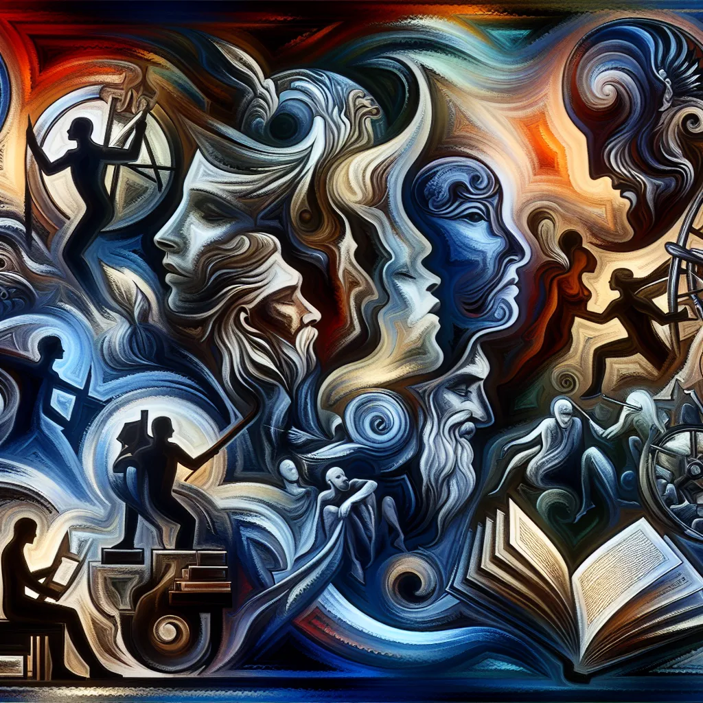 Historia, Amor, Traición, Personajes, Conflicto in an abstract style