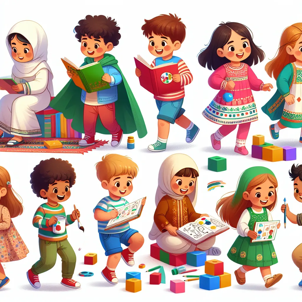 Illustration of a diverse group of children engaging in various activities, showcasing different stages of growth and development.