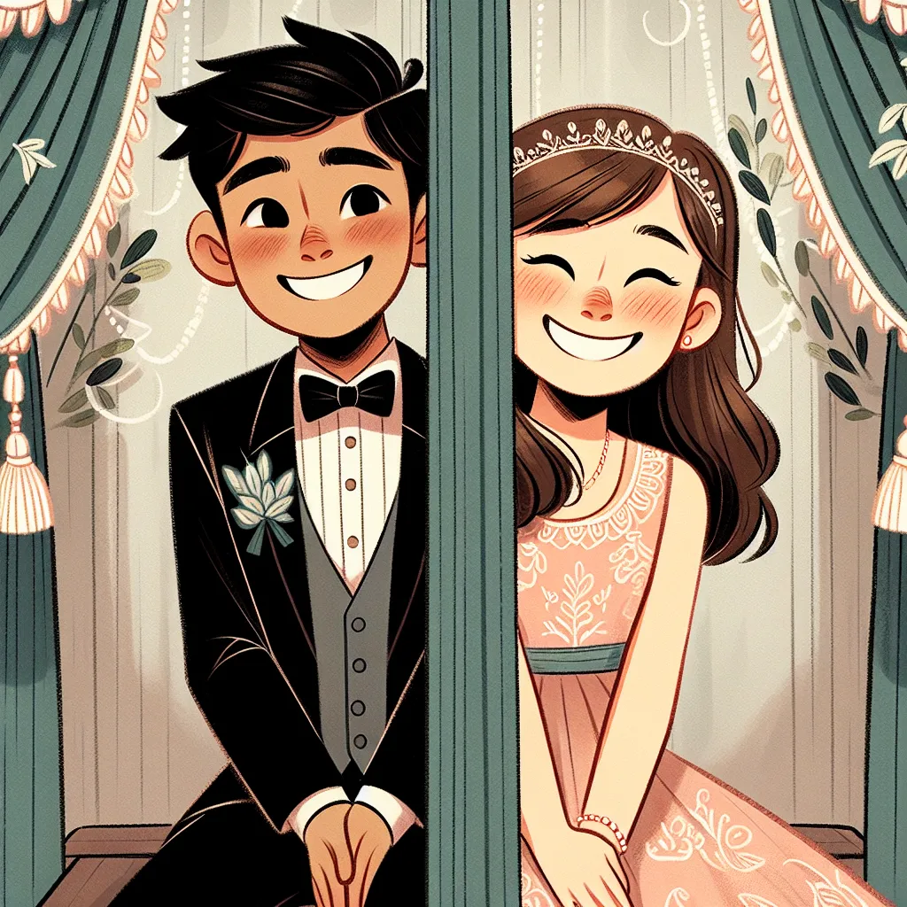 Illustration of a teenage boy and girl at a wedding reception, smiling mischievously as they switch outfits behind a decorative screen, with subtle facial expressions of amusement and joy.