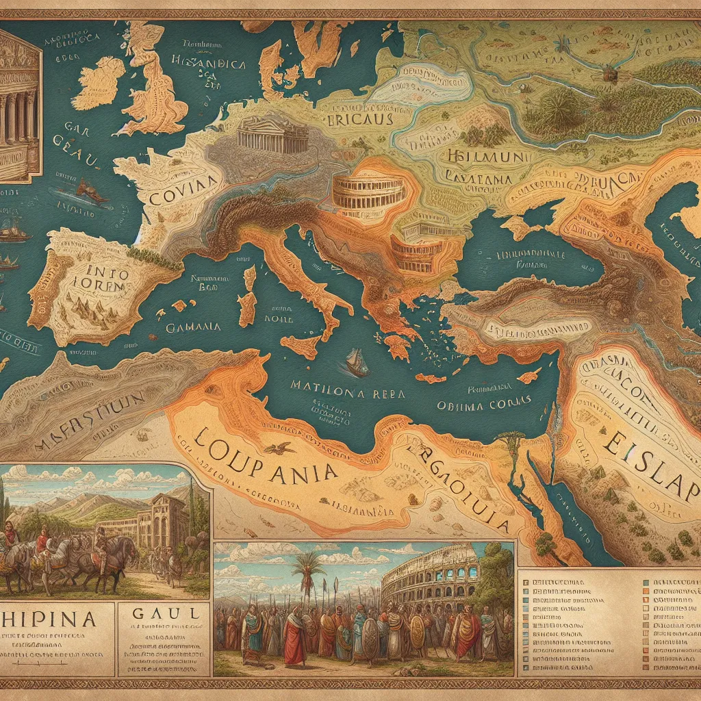 Map illustration showing the Roman Empire at its height, highlighting the continents of Europe, Africa, and Asia with key landmarks.