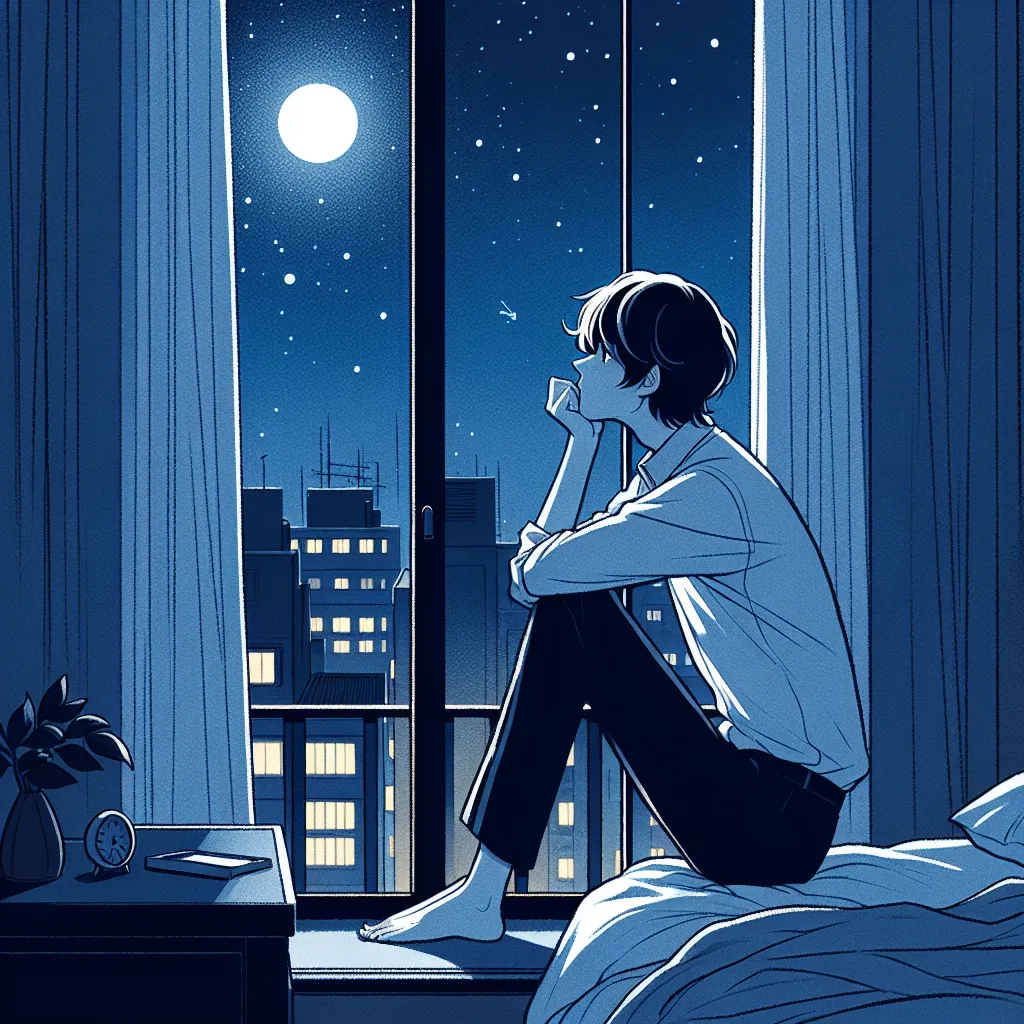 Ilustración de un joven delgado mirando hacia el cielo nocturno desde su ventana, sintiendo una profunda melancolía.