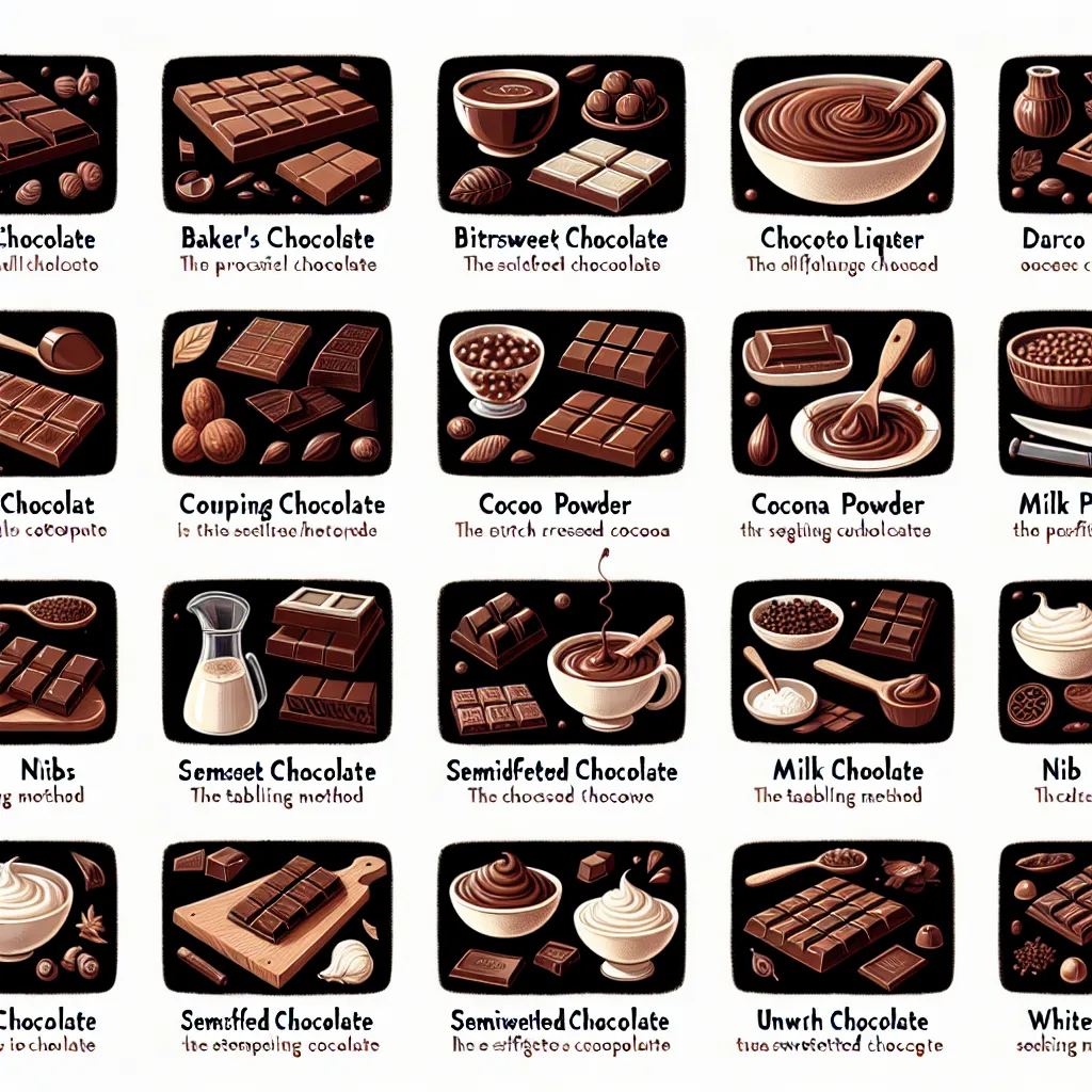 Sure! Here are short definitions along with sentences for each term related to chocolate:

1. **Baker's Chocolate**: Unsweetened chocolate used in baking.  
   *I used Baker's chocolate to make a rich chocolate cake.*

2. **Bittersweet Chocolate**: Chocolate that contains a mix of chocolate liquor, sugar, and cocoa butter with less sugar than semisweet.  
   *The bittersweet chocolate chips added depth to my cookies.*

3. **Chocolate Liquor**: Thick, liquid mass of cocoa solids and cocoa butter 