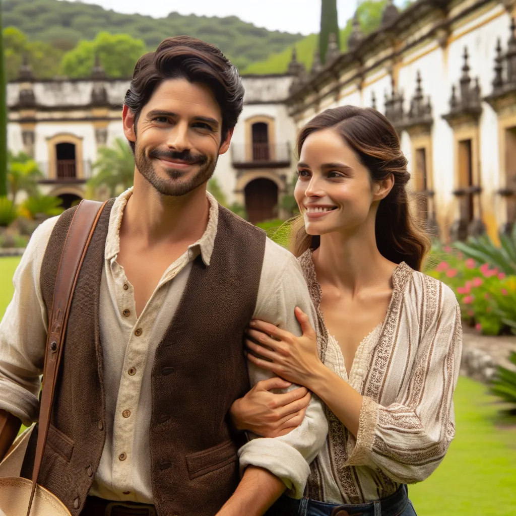 Imagen de Arturo Gallardo y Cayetana del Junco caminando juntos por un hermoso jardín de la hacienda, ambos compartiendo una sonrisa cómplice y evidenciando una conexión emocional profunda.