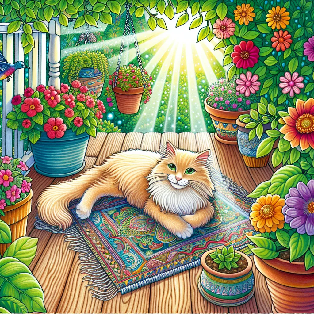 Whimsical illustration of a relaxed cat lounging on a sunny porch among potted plants.