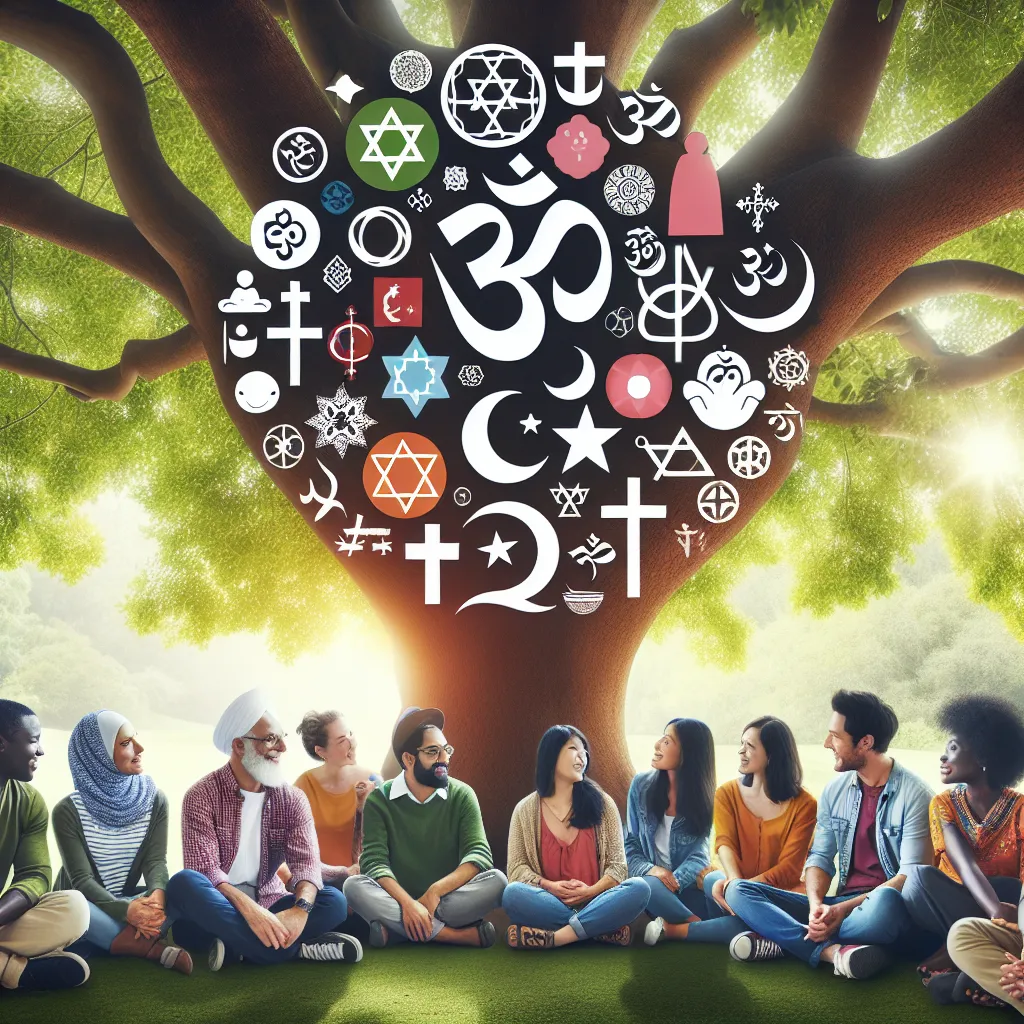 Illustration of a diverse group of people gathered under a tree, sharing stories and symbols from various religions.