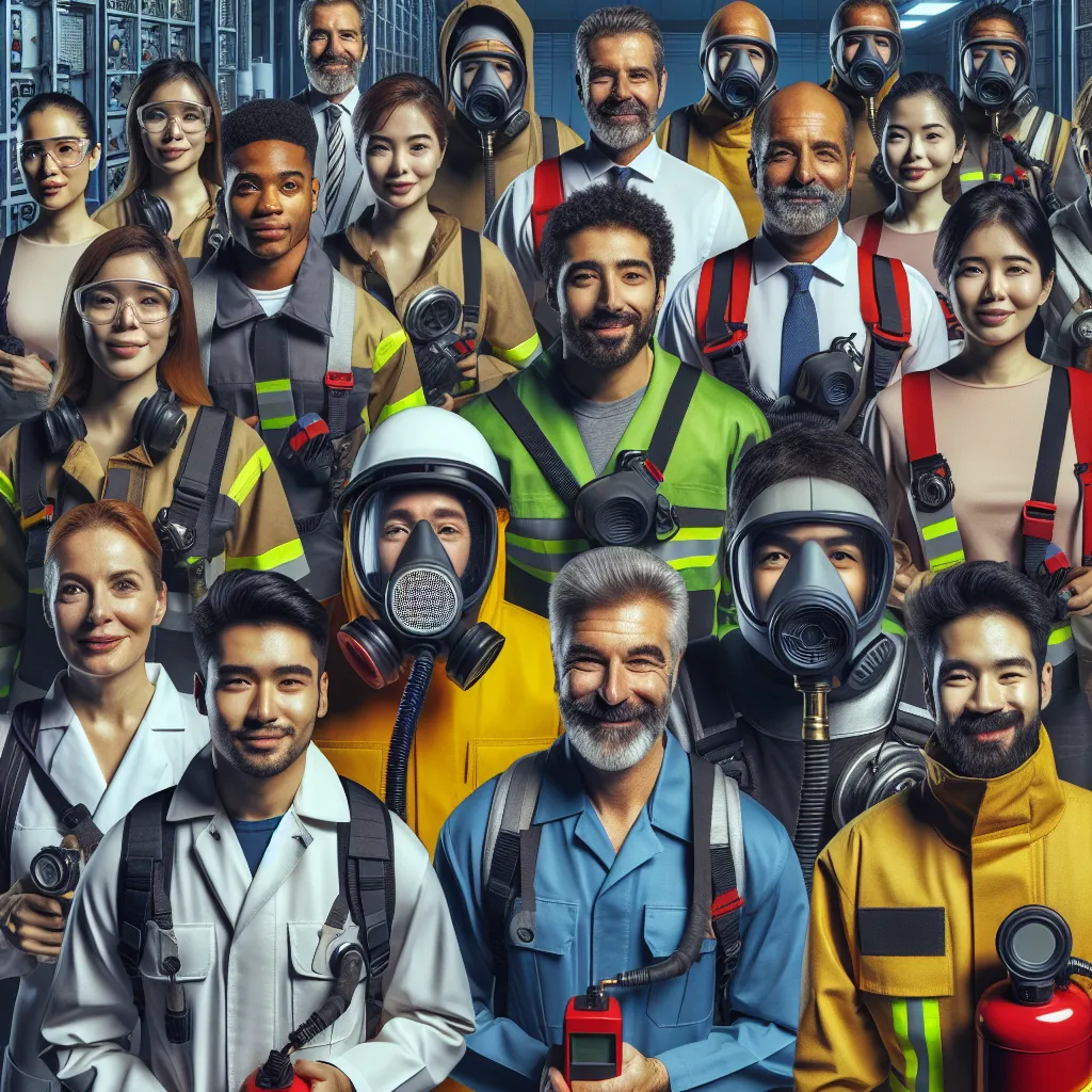 Image of a diverse group of professionals wearing safety gear, testing air quality in a confined space, with equipment like gas detectors and firefighting tools in the background.