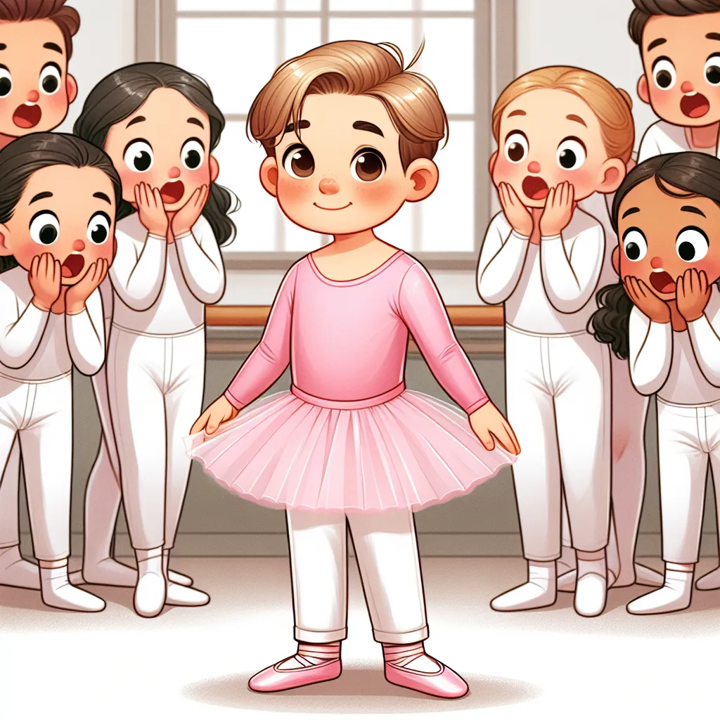 Illustration of a little boy in white tights and a pink long-sleeved leotard with an attached skirt, standing in a ballet studio surrounded by surprised ballet classmates, with a ballet bun and makeup, looking both nervous and excited.