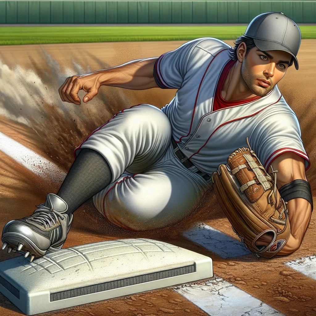 Image of a baseball player sliding into a base wearing a protective sliding mitt on his hand.