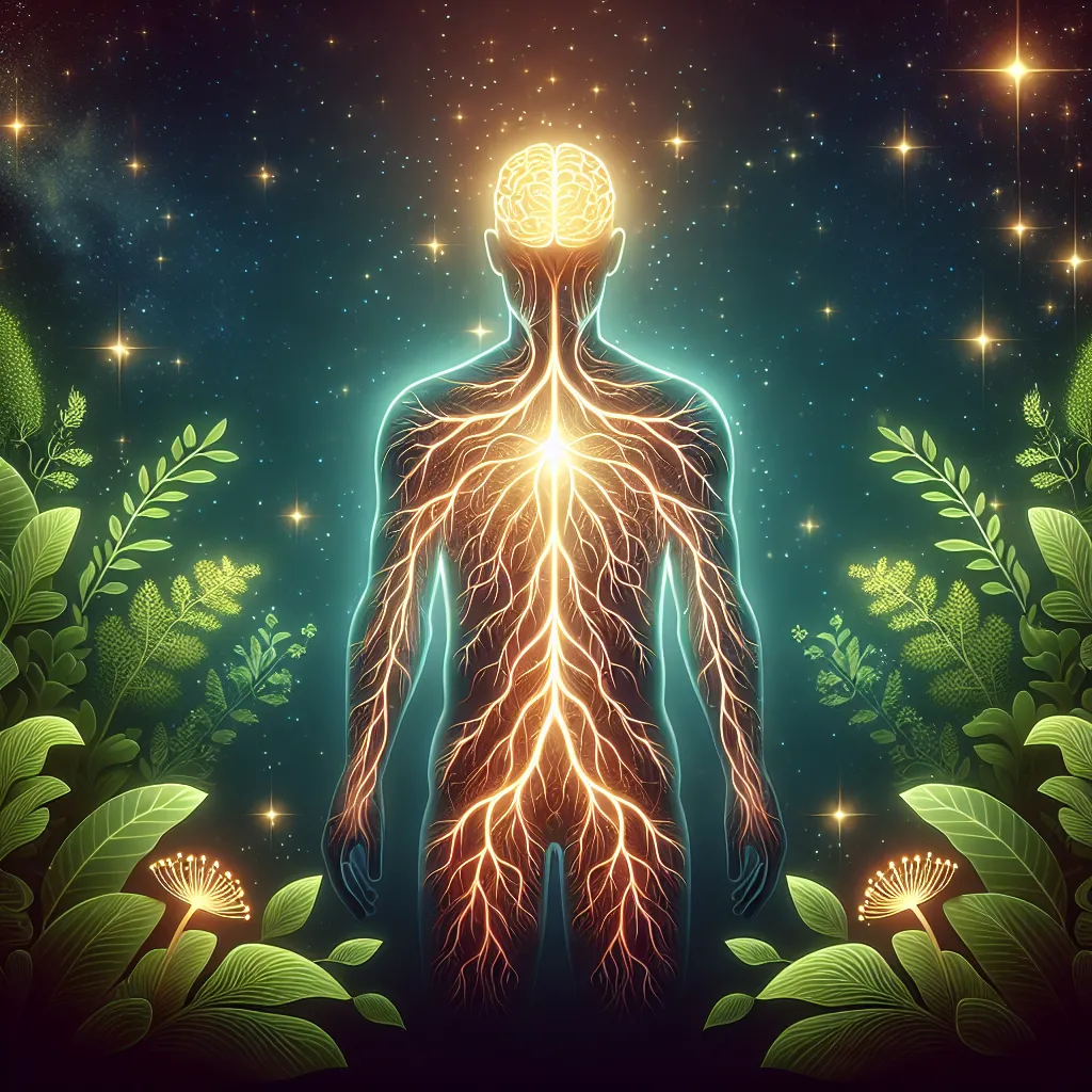 Illustration of a human silhouette with glowing neural pathways, surrounded by natural elements like plants and stars, symbolizing the body’s potential for DMT production.
