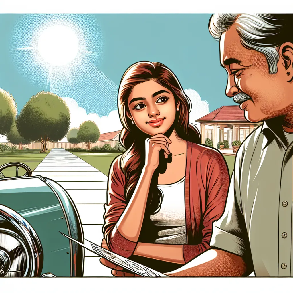 An illustration of a young person showing their father the features of an older car, with a background of a sunny driveway, to depict a conversation about appreciating the vehicle.