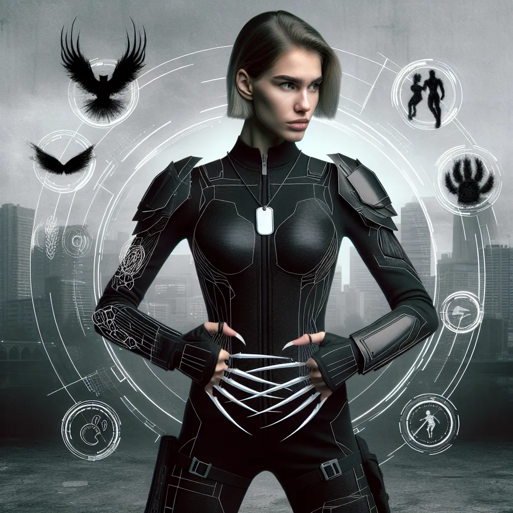 An artistic representation of Laura Kinney, also known as X-23, surrounded by her signature claws, a sleek black suit, and a small collection of items like her dogtag and a fighting stance, set against an urban backdrop.