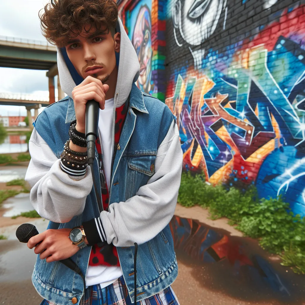 Image of a young rapper in a stylish outfit, standing in an urban setting with a microphone in hand, surrounded by vibrant graffiti art.