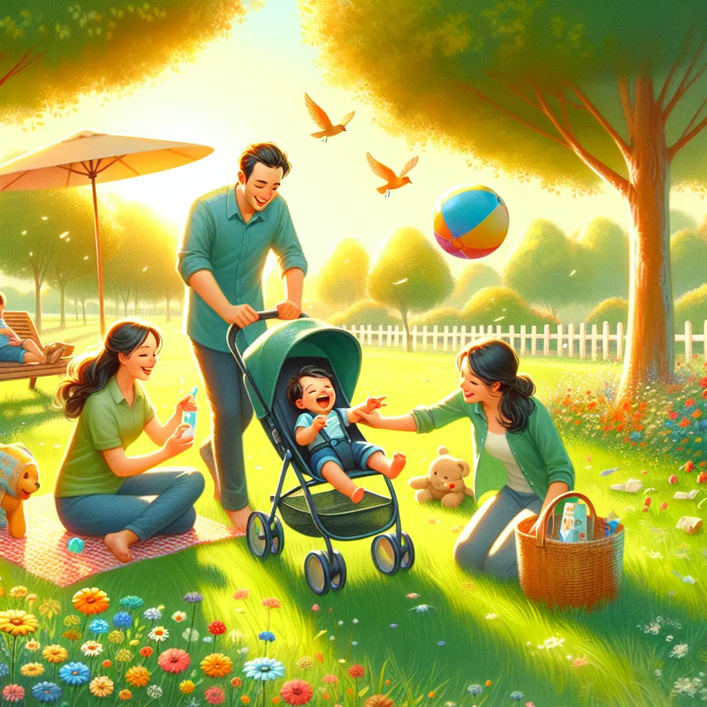 One sunny afternoon, Goku and Chi-Chi decided to take their little son, Gohan, to the park for a day of fun. As they strolled through the vibrant green grass, Gohan giggled with delight from his stroller, pointing at the colorful flowers and chirping birds.

At the park, Goku lifted Gohan out of his stroller, and they found a soft patch of grass to play on. Goku showed Gohan how to toss a small ball, and Chi-Chi watched proudly as her son tried to mimic his father's movements, his laughter filli