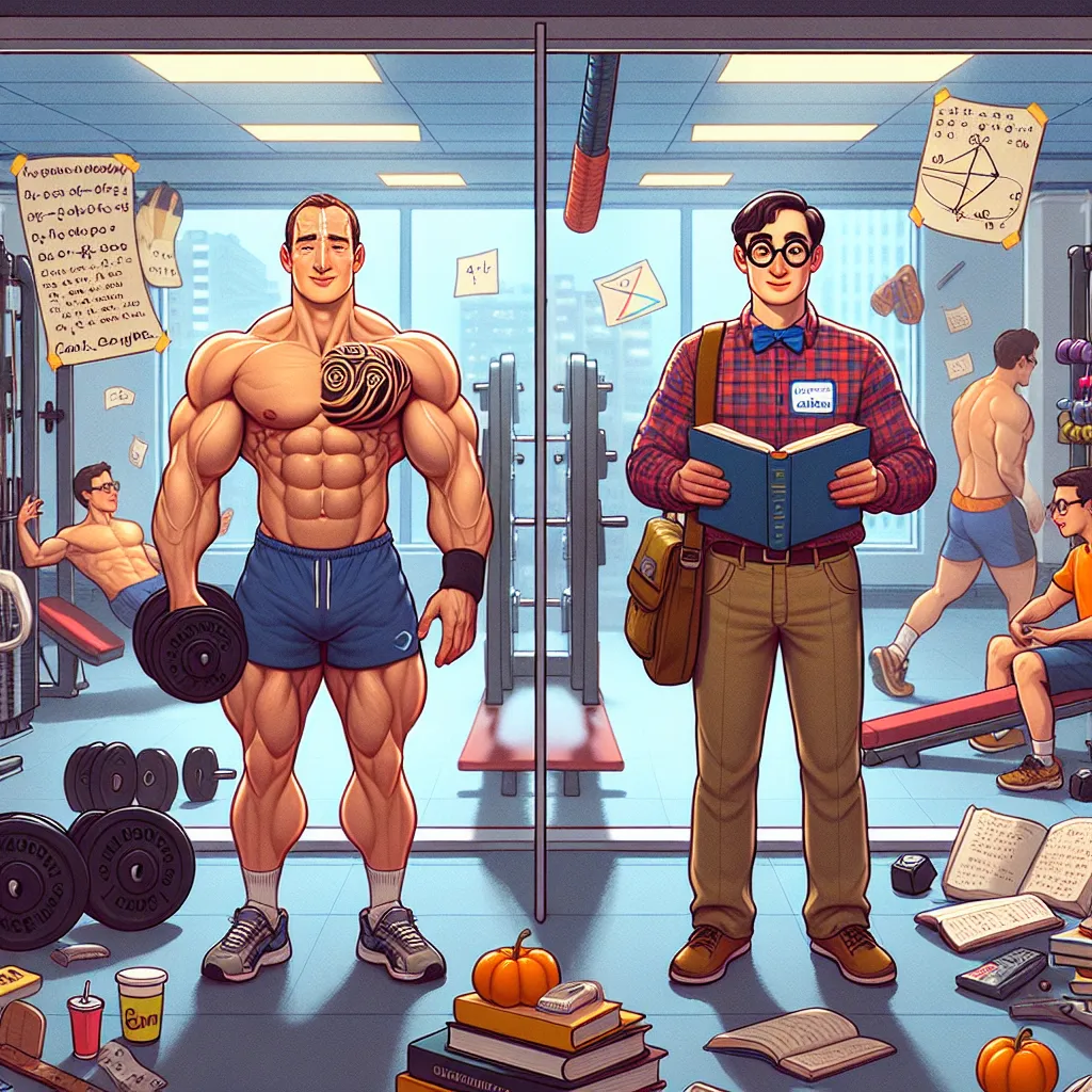 Body-swap, Fitness, Nerd, Story, Transformation in the style of Pablo Picasso