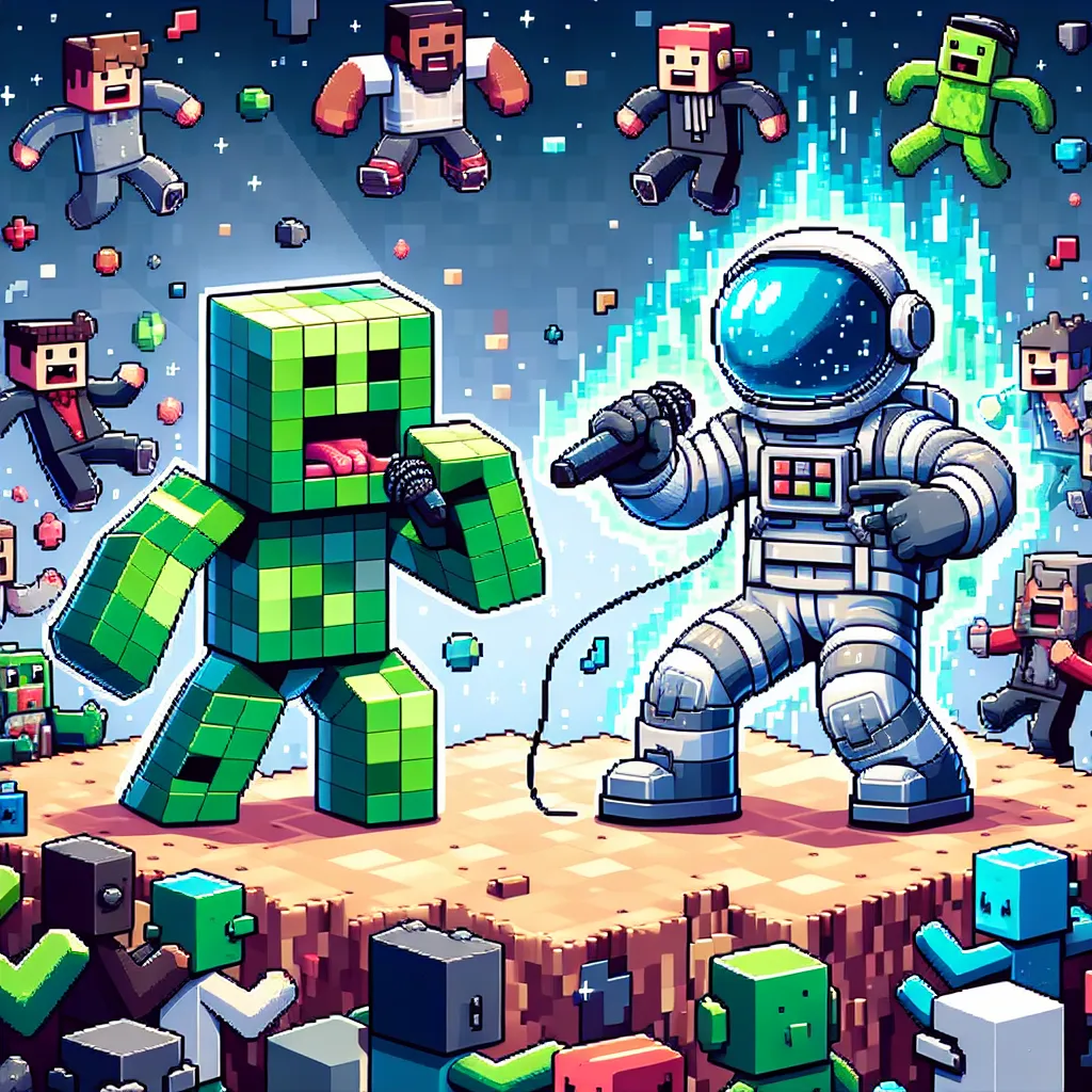 Illustration of a Minecraft creeper and an Among Us impostor facing off in a rap battle, with a vibrant, pixelated background filled with elements from both games, showcasing a lively crowd of game characters cheering them on.