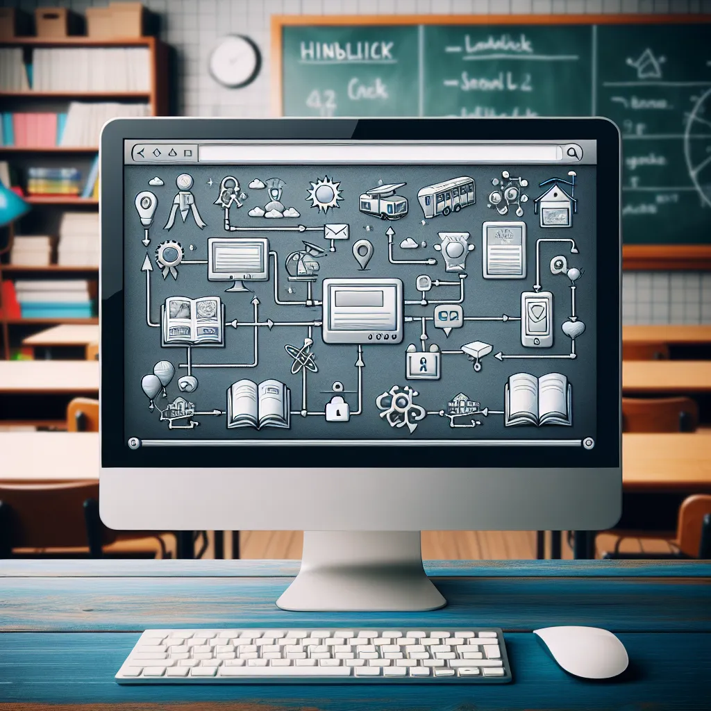 Image of a computer screen displaying a list of educational games and links, with a school setting in the background.