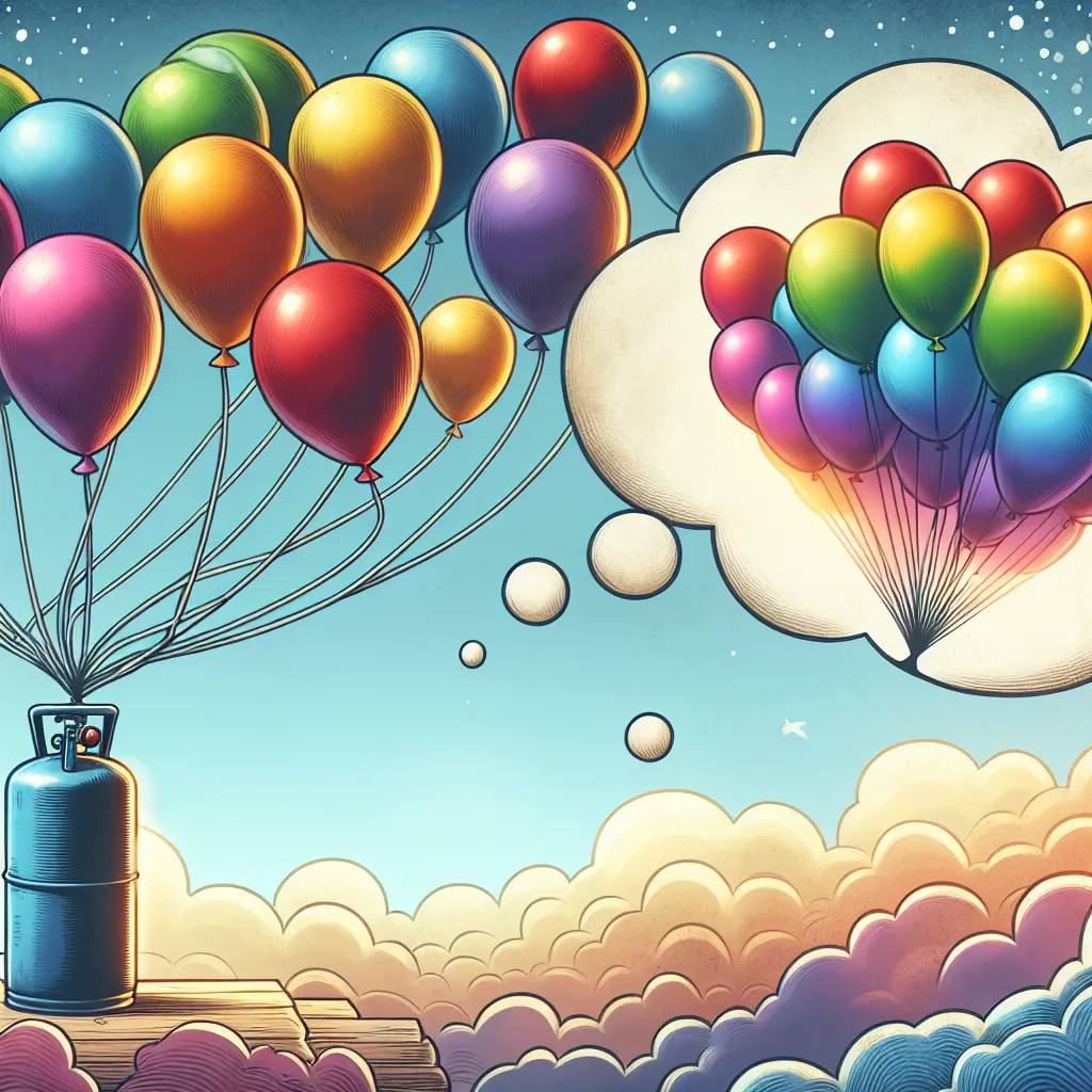 Illustration of colorful balloons floating upwards against a backdrop of a vast sky, with a thought bubble showing a helium gas tank depleting.
