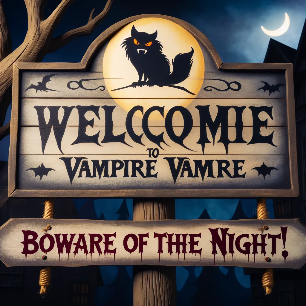A rustic town sign welcoming "Vlad the Vampire" with a cautionary note underneath reading "Beware of the Night!" against a backdrop of a crescent moon and shadowy trees.