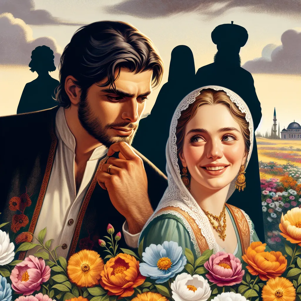 Descripción breve de una portada para la novela: Una escena romántica en un paisaje turco, con Omer Sirhan y Melek en primer plano, rodeados de flores. Omer, vestido con un traje tradicional, observa a Melek con ternura, mientras ella sonríe, mostrando señales de amor. Al fondo, se vislumbran intrigas familiares con sombras que representan a Halil, sugiriendo el conflicto entre los personajes.