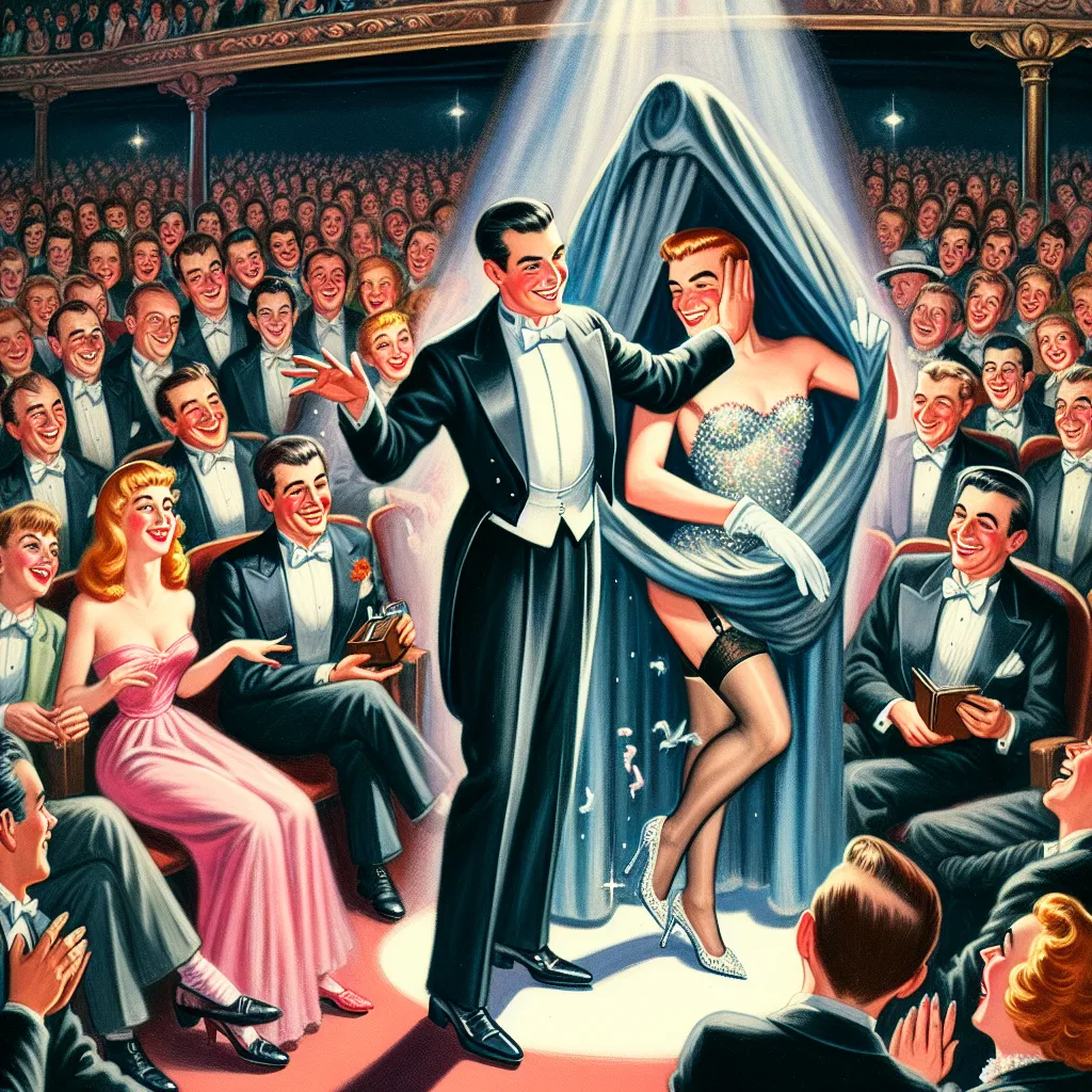 In a bustling theater filled with laughter and anticipation, a young couple, Jake and Lucy, settled into their seats for the night’s magic show. The atmosphere buzzed with excitement as the magician, adorned in a sharp tuxedo, dazzled the audience with astonishing tricks. Each act seemed to defy the laws of reality, drawing gasps and applause. 

After an impressive illusion involving a disappearing rabbit, the magician called for a volunteer. Lucy nudged Jake, her eyes sparkling with encourageme