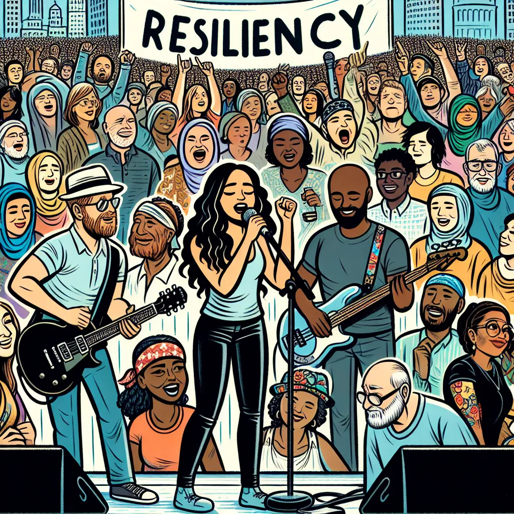 Illustration of New Yorkers resiliently singing along with a band of rocker musicians on stage, symbolizing hope and recovery.