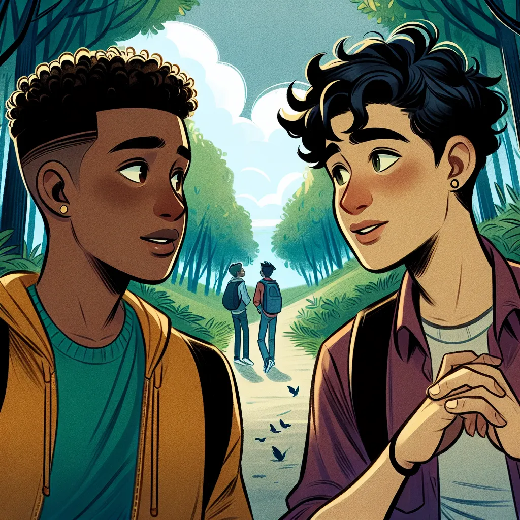 Illustration of two teenage boys, Brian and Derek, standing on a pathway in a forest, deep in conversation, with a sense of anticipation in their expressions, hinting at their evolving relationship and upcoming challenges.