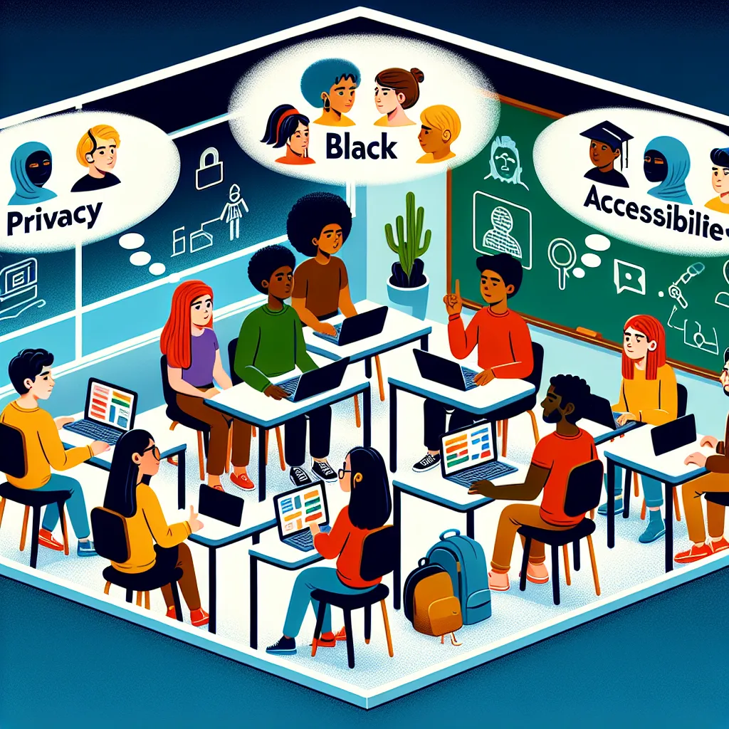 Illustration showing diverse students interacting in a virtual classroom within the metaverse, with thought bubbles highlighting ethical concerns like privacy, accessibility, and equity.