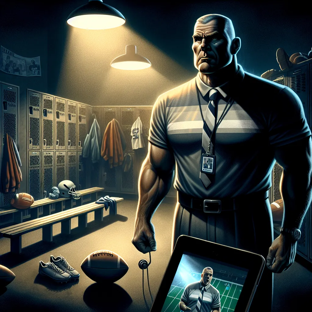 Illustration of a muscular, egotistical football coach in a dark locker room, looking defeated as he stares at a video recording left by his son, surrounded by shadows of regret and memories, with a distant and empty expression.
