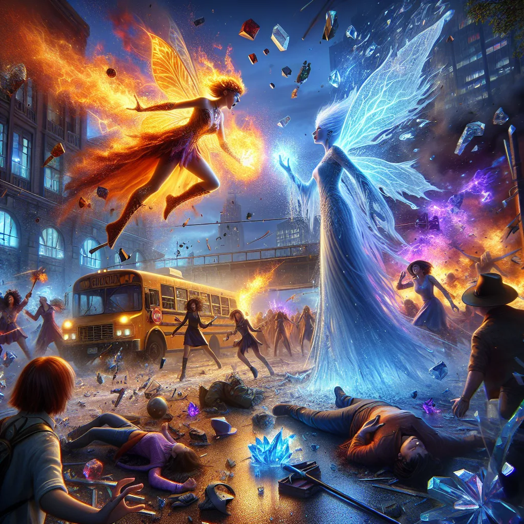 **Image Description**: A dynamic scene of an epic battle in a city street at dusk. Bloom, a fiery fairy, wielding flames, fiercely confronts Icy, the icy witch, who releases a torrent of ice. Explosions scatter debris as the Winx fairies unite their powers in vibrant bursts of magic, while civilians flee in panic. In the foreground, Charlie, an ordinary girl, stands tall with a glowing crystal fragment embedded in her dress, her fairy transformation beginning. The air crackles with energy, and s