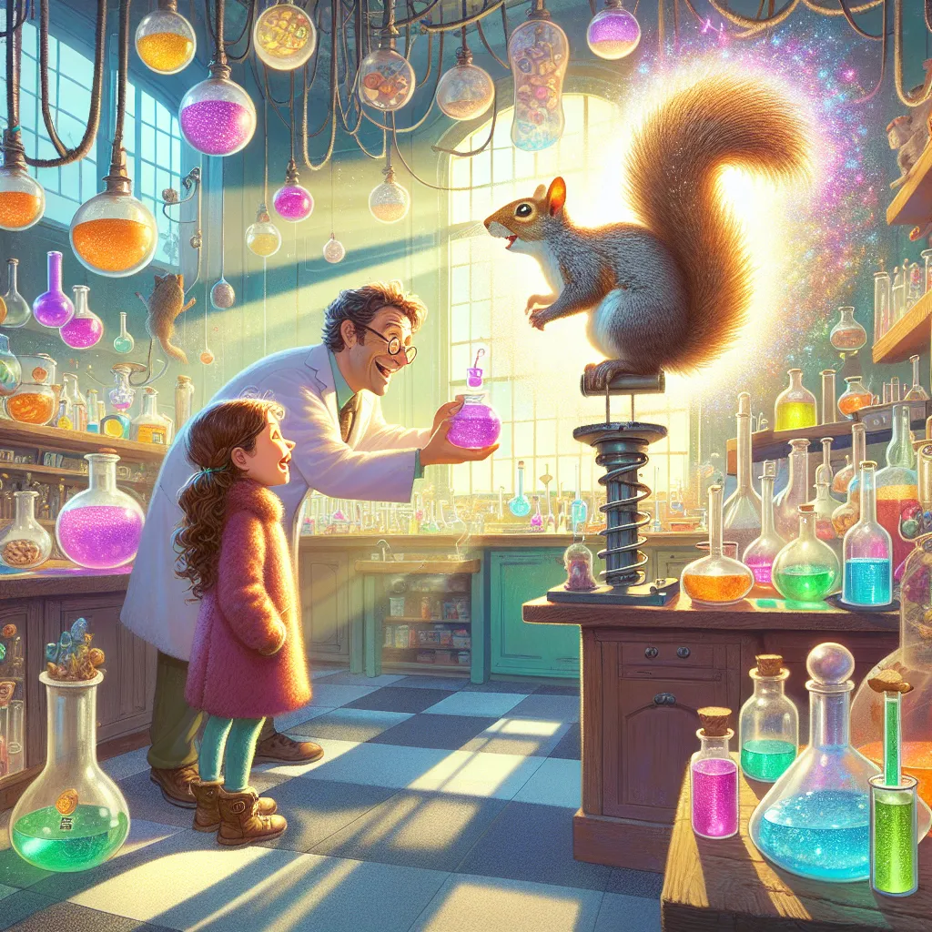 A whimsical scene in a brightly lit laboratory filled with colorful potions and gadgets. A young girl named Lily looks nervously at the potion in the mad scientist's hand. 

**Lily:** "Are you sure this will work, Dr. Whiz?"

**Dr. Whiz:** "Absolutely, my dear! Just think of the adventure you'll have as an anthro squirrel girl!"

Lily nods, excitement bubbling up inside her. Dr. Whiz carefully injects the shimmering, sparkly solution into Lily’s arm. Bright lights swirl around her as she transfo