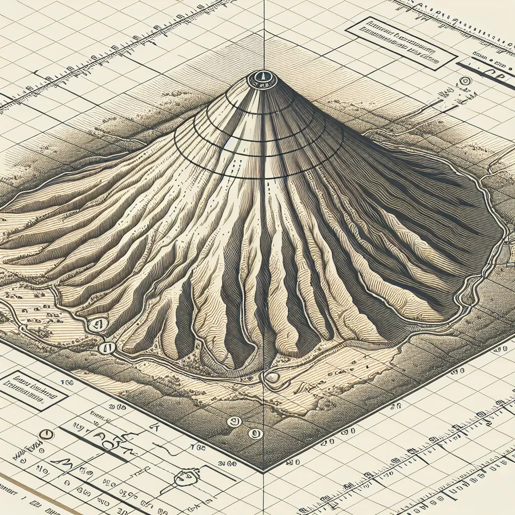 Illustration of a topographic map highlighting a conical hill, with contour lines forming a cone shape and labeled features for clarity.