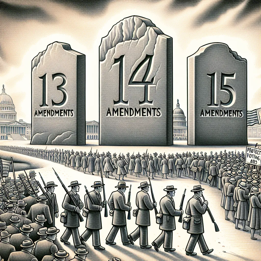 1. Reconstruction Amendments (13th, 14th, & 15th) - The 13th, 14th, and 15th Amendments, known as the Reconstruction Amendments, were passed to abolish slavery, grant citizenship and equal protection under the law to all persons, and protect the voting rights of men regardless of race, respectively.

2. March of the Bonus Army - The March of the Bonus Army was a 1932 protest by World War I veterans in Washington, D.C., who were demanding early payment of a bonus promised to them for their milita