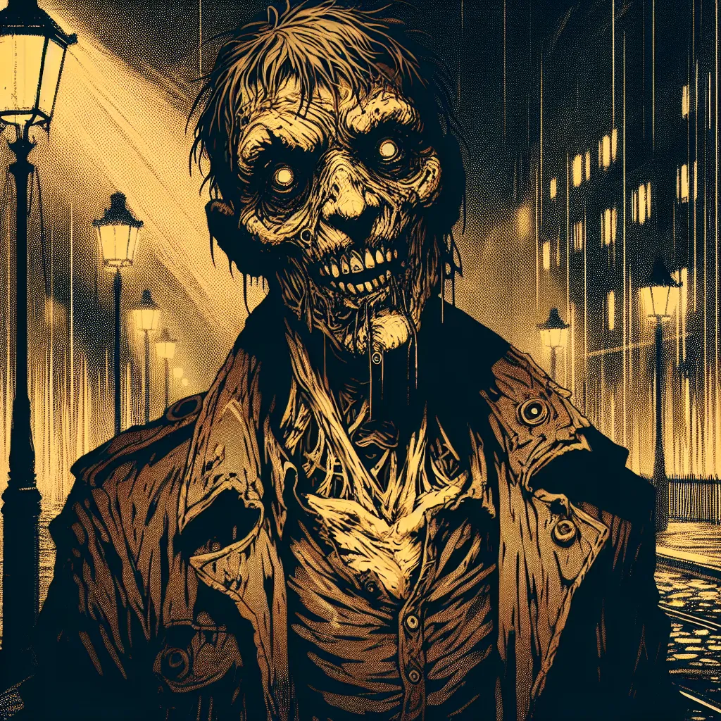 Illustration of a distorted, creepy figure inspired by horror game aesthetics, wearing tattered clothing and featuring unsettling facial features, set in a dimly lit urban environment.