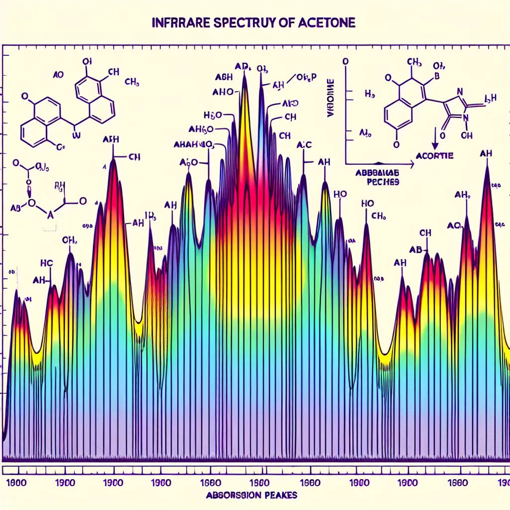 Illustration of the IR spectrum of acetone showing characteristic absorption peaks with labels.