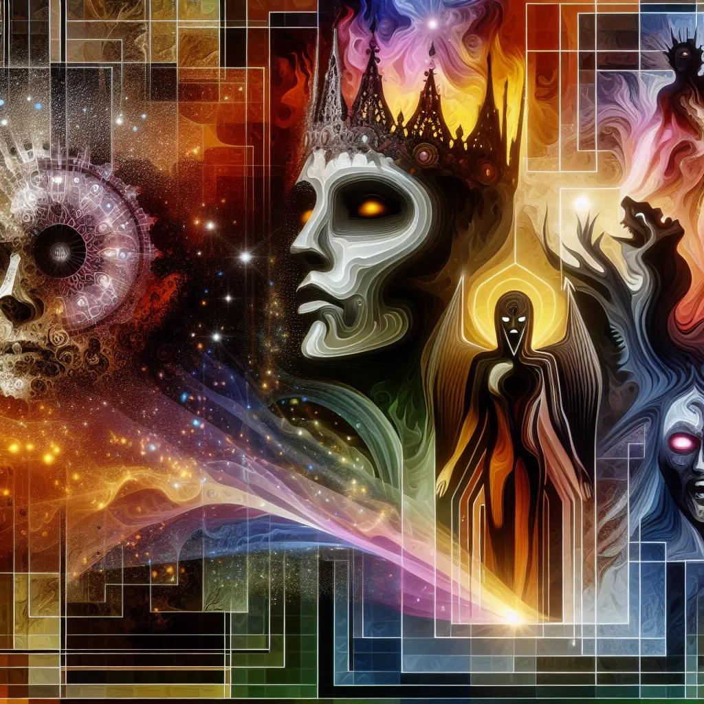 Transformation, Lucifer, Hazbin, Immortality, Royalty in an abstract style