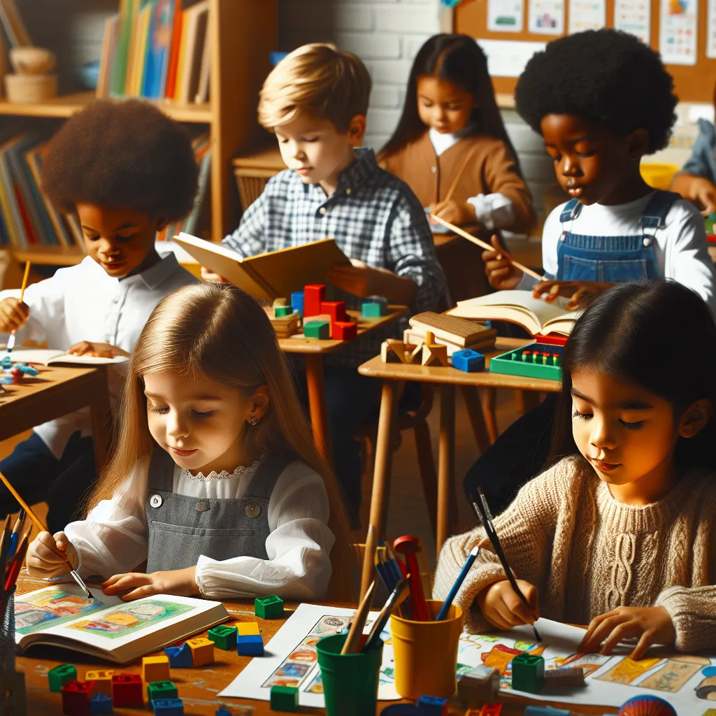 **Image Description:** A diverse group of children in a classroom setting, each engaging in different activities: one reading, another painting, a third working with building blocks, and a fourth helping a classmate. The colorful classroom features various learning materials, showcasing their unique interests and skills.