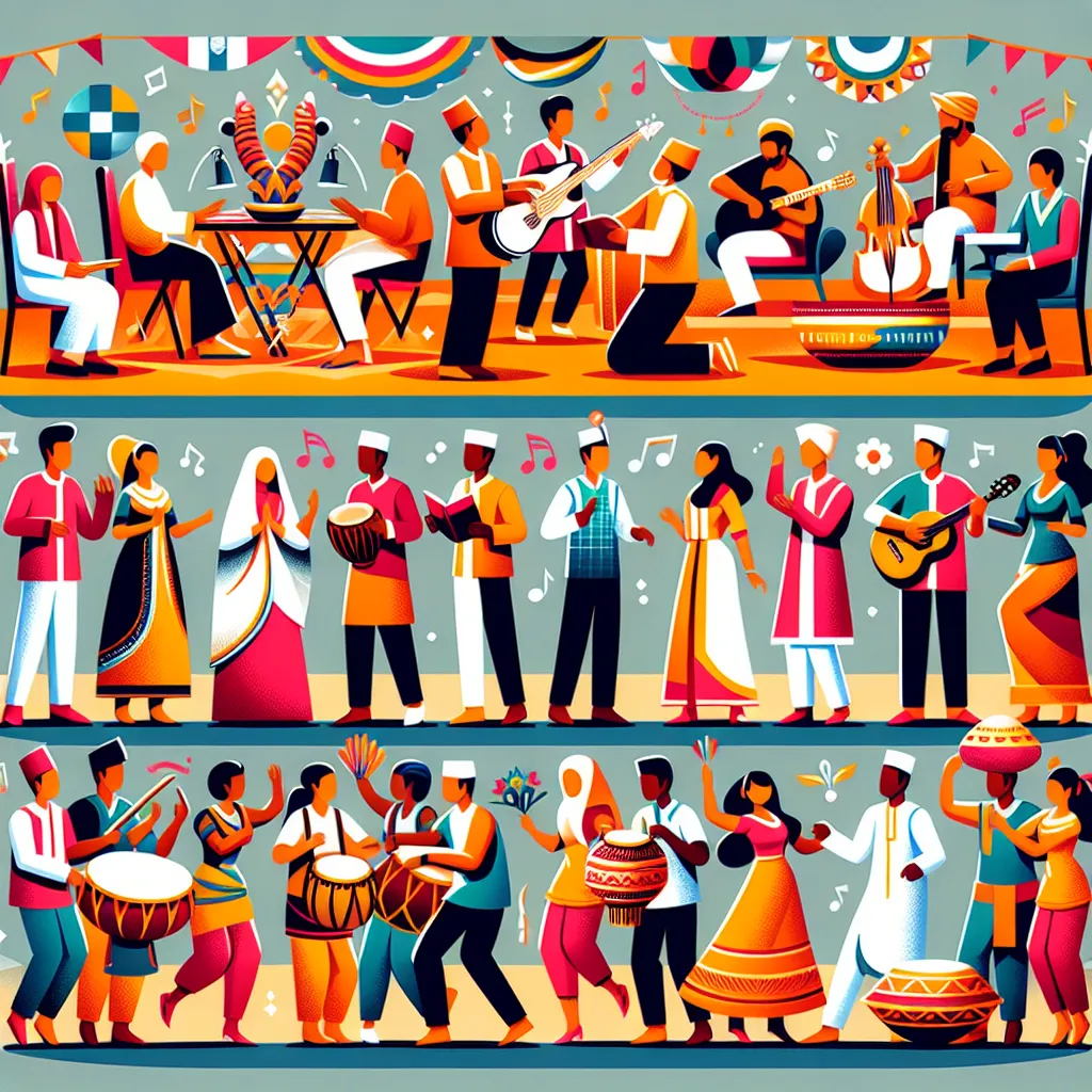 Illustration of five different cultural celebrations, showcasing diverse traditions, music, and dances.