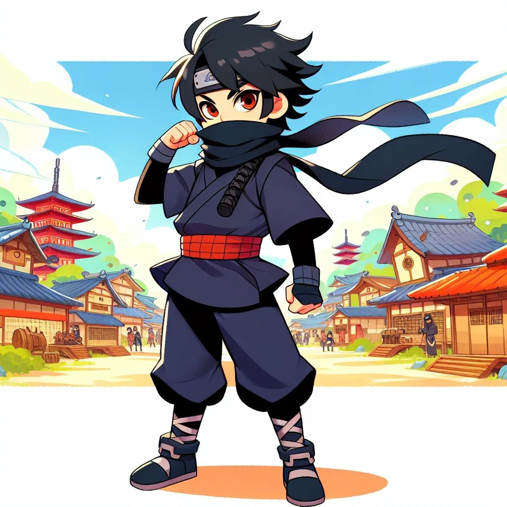 Ilustrasi Shikadai mengenakan pakaian milik Temari saat masih genin, dengan latar belakang desa Konoha yang cerah. Shikadai terlihat berpose dengan percaya diri, sementara angin mengibarkan pakaian yang dikenakannya.