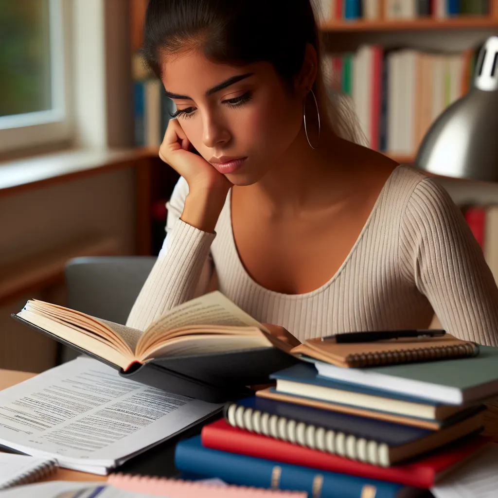 Image Description: A focused student concentrating on organizing her notes and textbooks, studying about the intricacies of language structure and its educational application, with books on language teaching and grammar laid out on her desk.