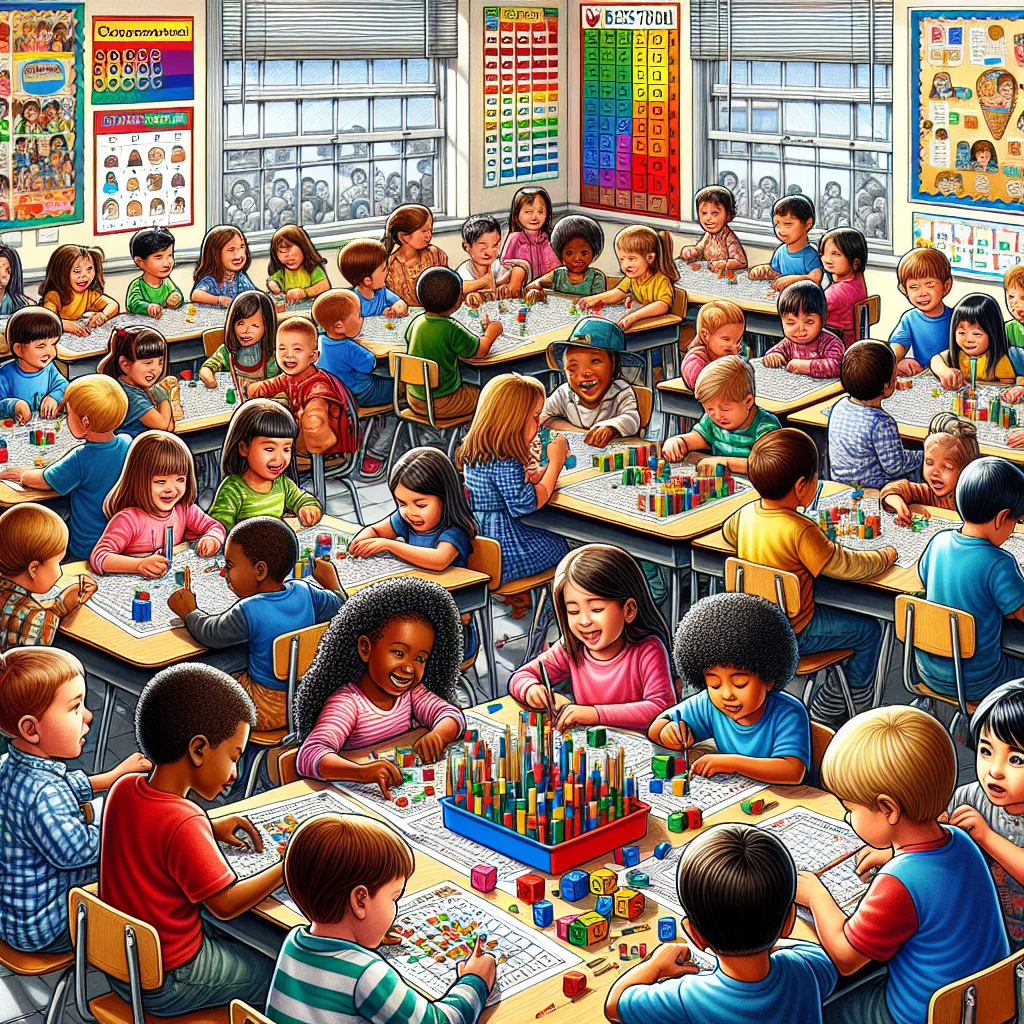 Image of a Grade R classroom with children engaging in a group activity, using colorful blocks and charts to sort and represent data.