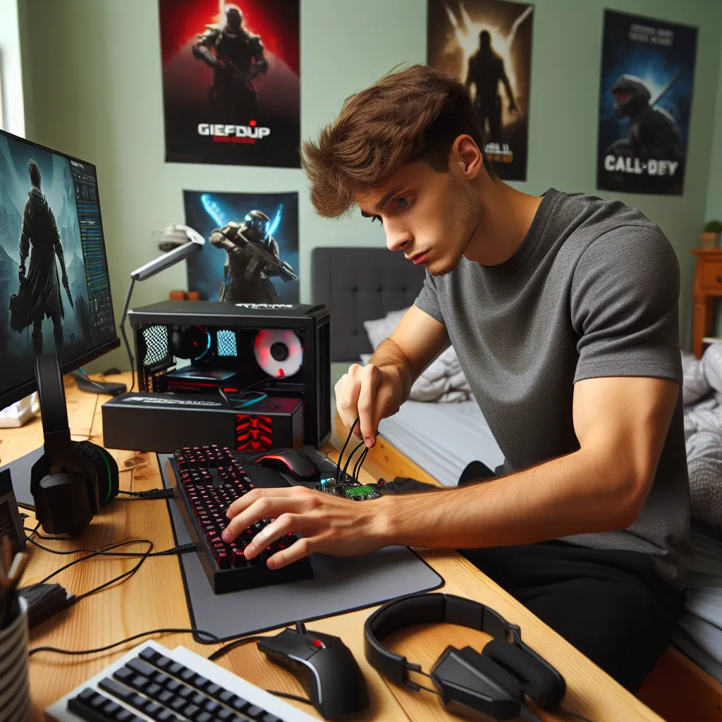 Photo of a college athlete preparing for an online gaming stream in his room, focusing on setting up his computer equipment.