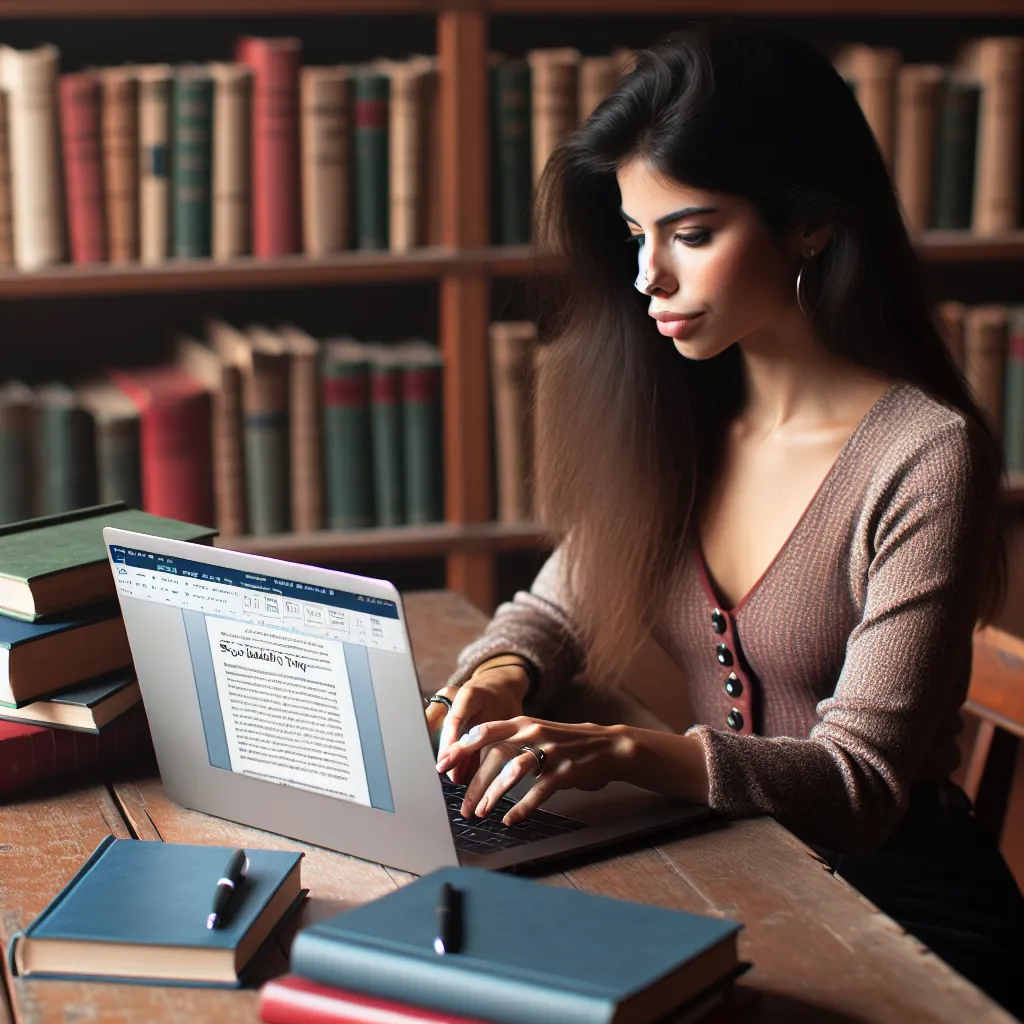 Photo of a student sitting at a desk, surrounded by academic books and a laptop, typing a research paper on Social Identity Theory.