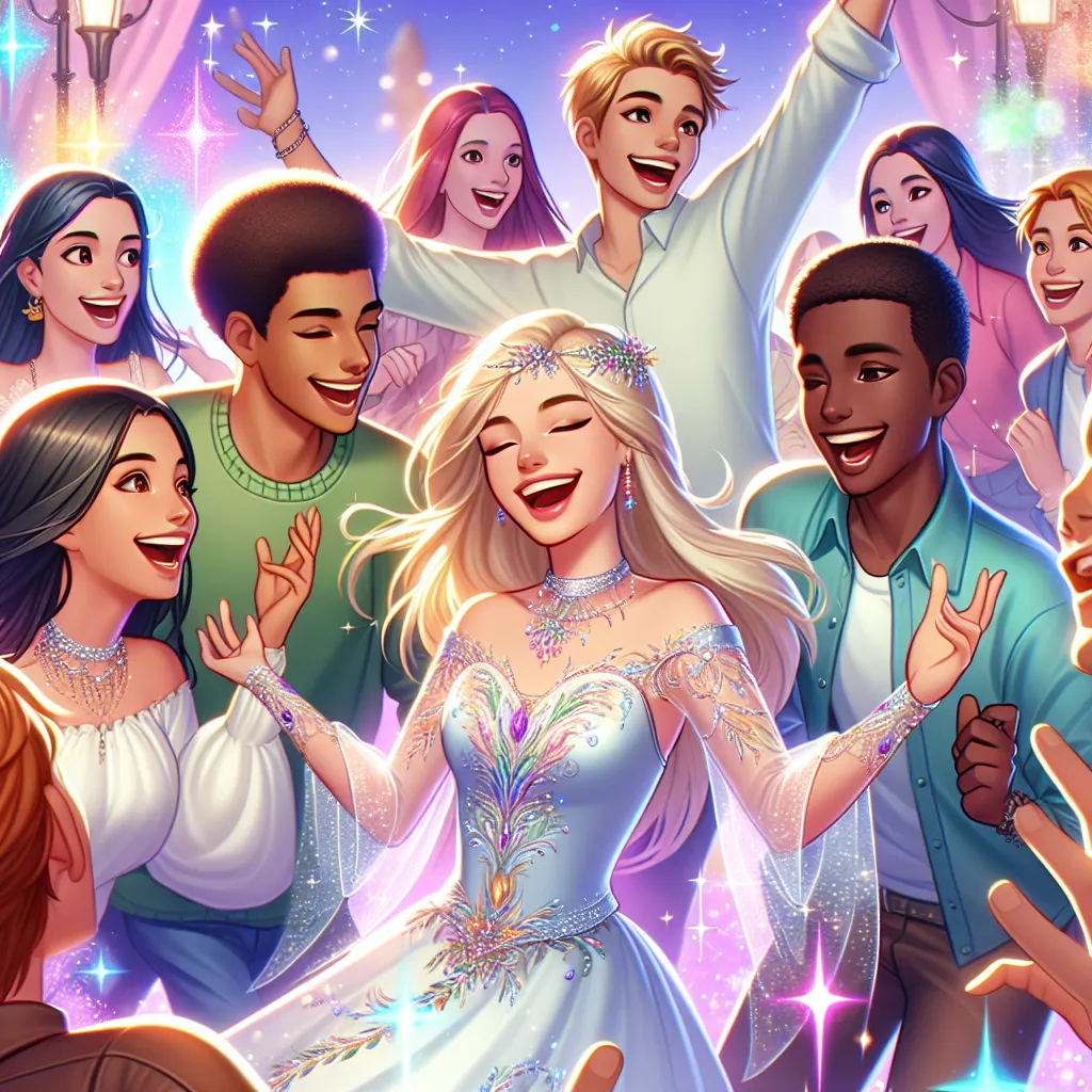 Illustration of a cheerful scene featuring Lucy Heartfilia being playfully tickled by her friends, surrounded by vibrant magical elements.