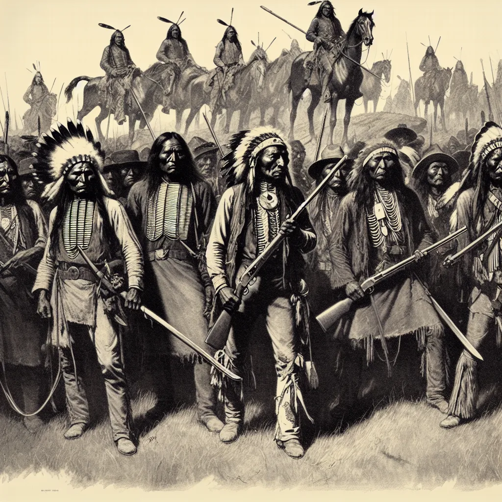 A historical illustration depicting Sioux warriors, led by Sitting Bull, preparing for battle at the Battle of Little Bighorn, highlighting their resistance against U.S. Army encroachment on their lands.