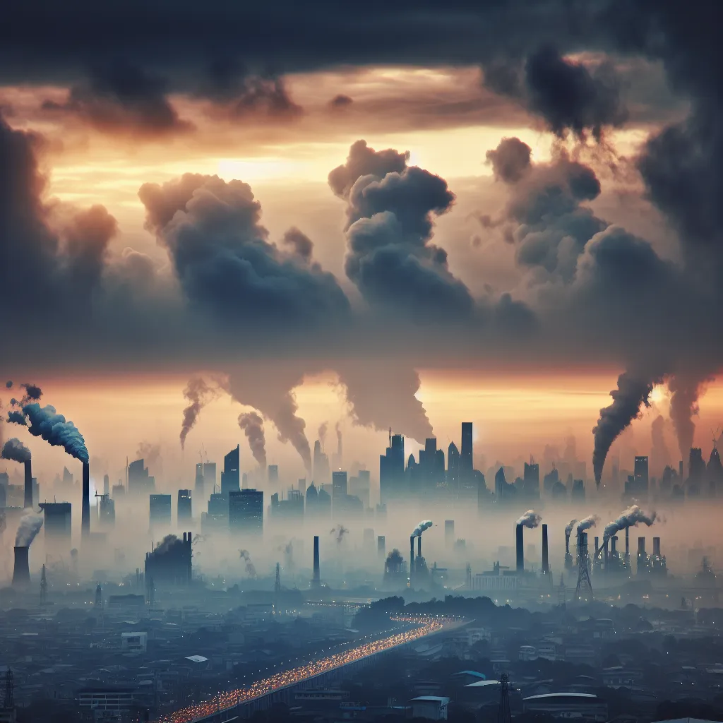 Image illustrating decreased air quality with a city skyline shrouded in smog, showing factories emitting smoke and a darkened sky.