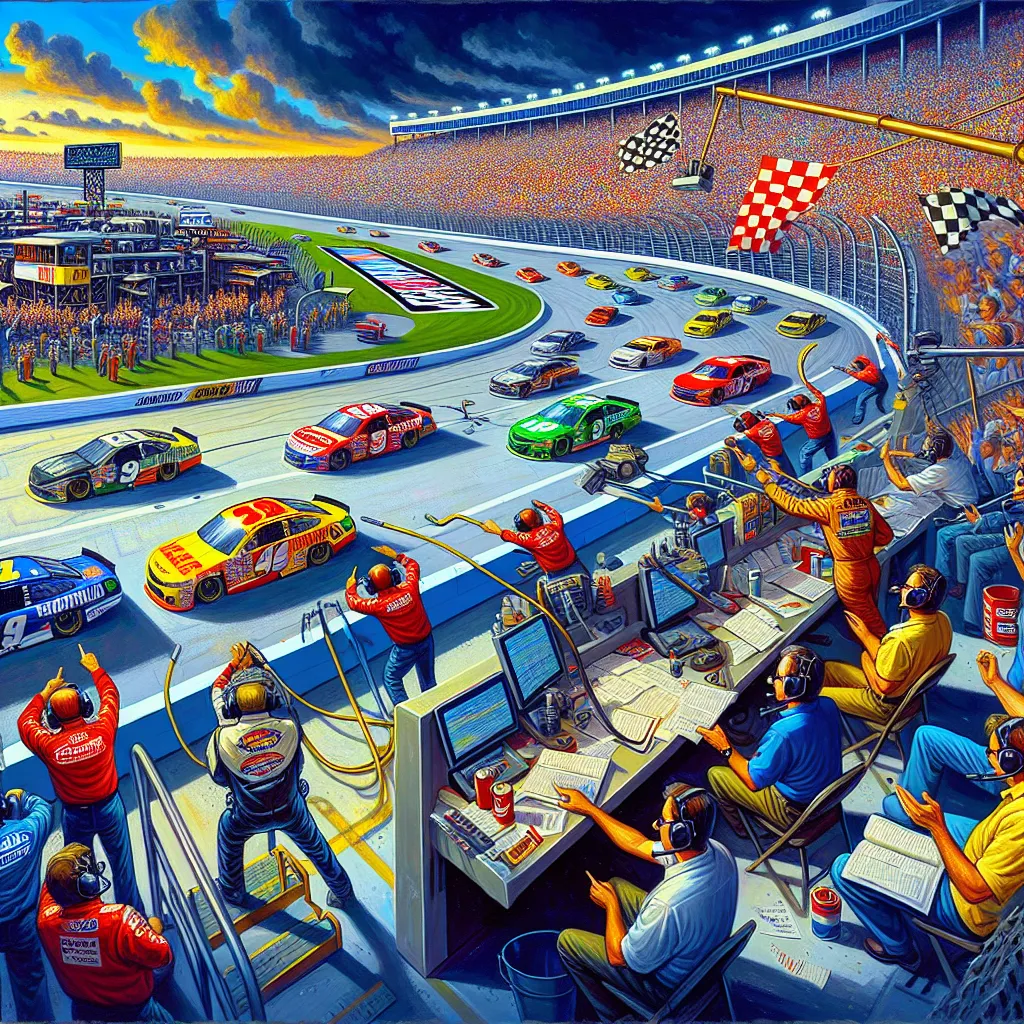 **Image Description:** A vibrant scene of a NASCAR race at a bustling stadium in 2003, with colorful cars speeding around the track. In the foreground, a pit crew rushes to assist a car during a pit stop, while the commentator’s booth captures the excitement of the race. Spectators cheer in the stands, and banners flutter in the breeze, symbolizing the thrill of the championship atmosphere.