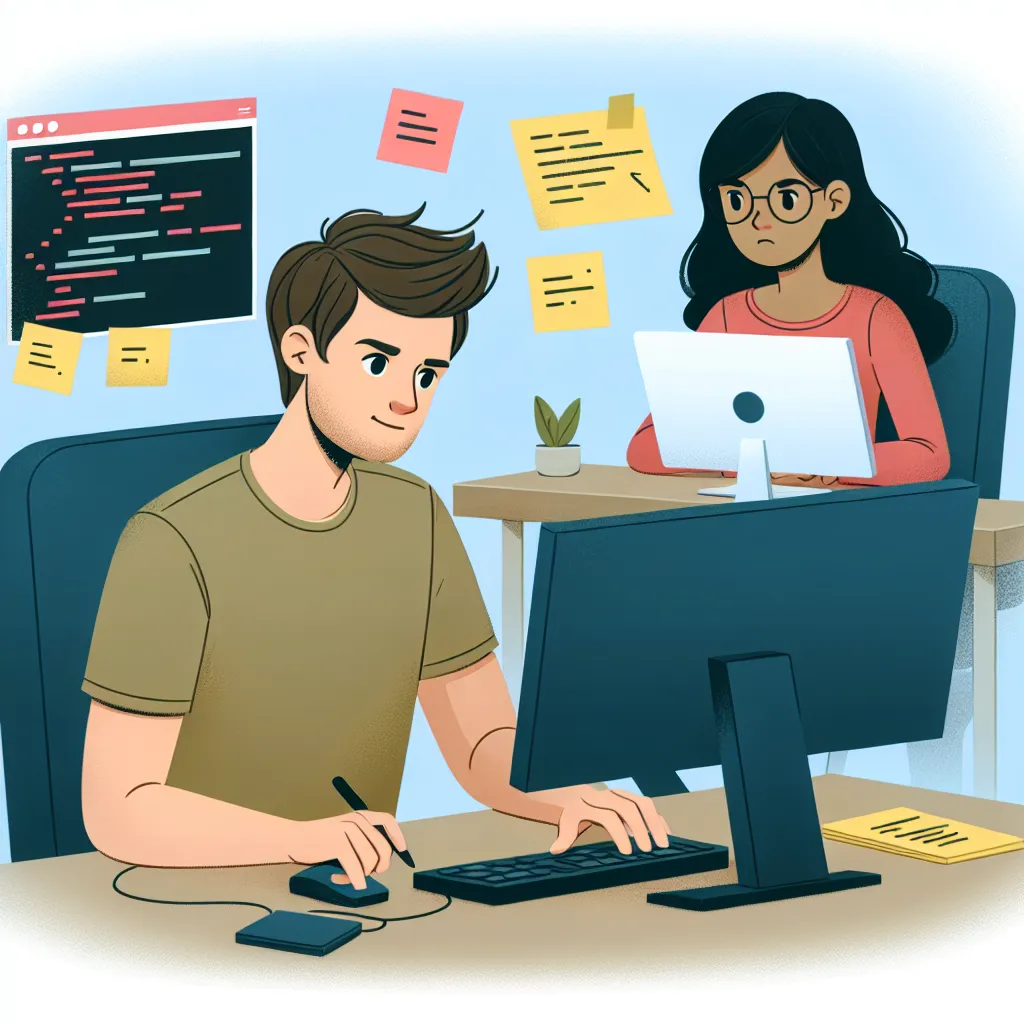 Illustration of a programmer sitting at a desk with a computer, surrounded by code snippets, while pondering over a problem on a sticky note.